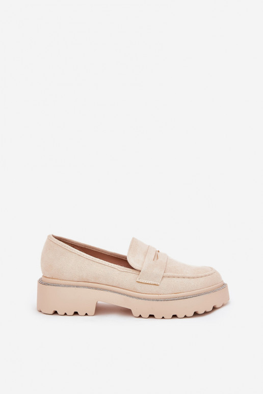 Zandkleurige damesmokassins van faux suede met glanzende oogjes Nilamla