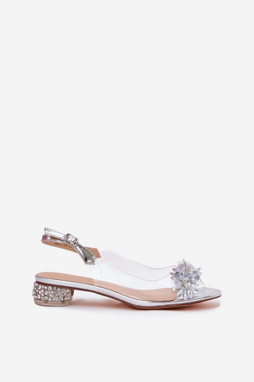 Zilveren doorzichtige sandalen met lage hak en decoratie D&A MR51-709