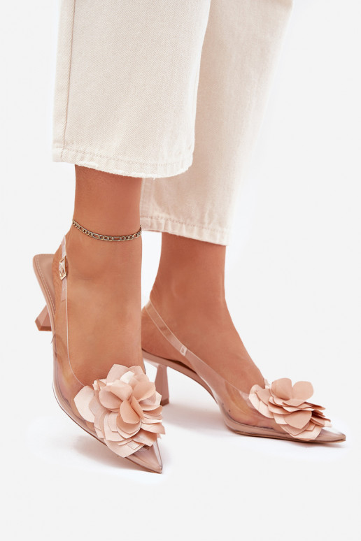 Nude doorzichtige sandalen met dunne hakken en decoratieve bloemen Risalie