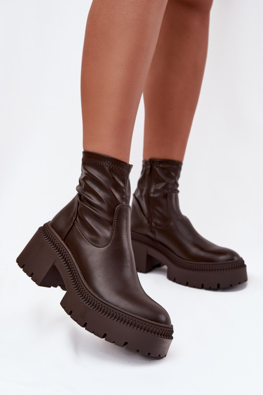 Dames enkellaarsjes op chunky hakken en platform in bruin faux leather Elvianne