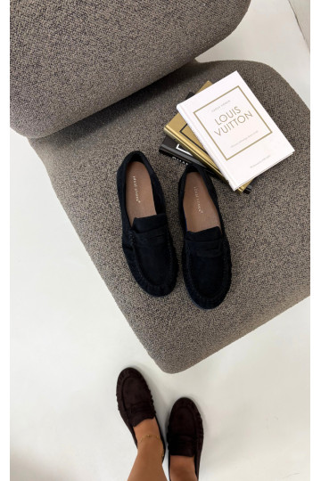 Damesmokassins met ruches van faux suede in zwart Sabley