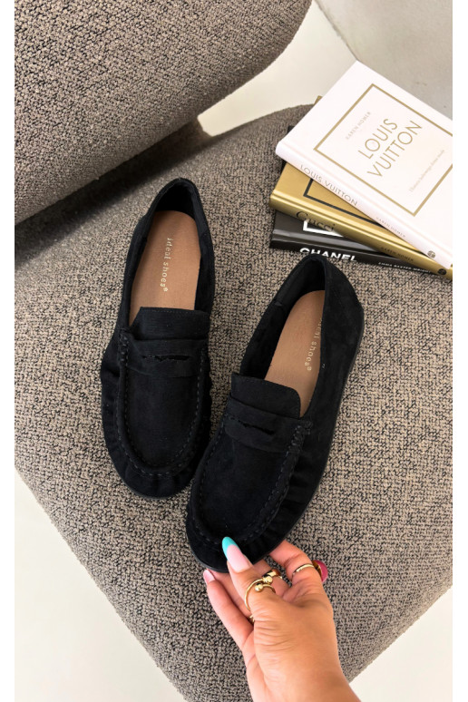 Damesmokassins met ruches van faux suede in zwart Sabley