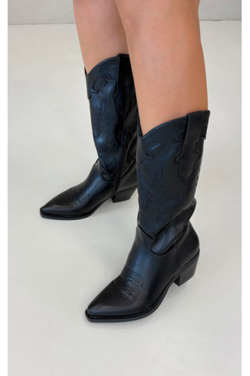 Kniehoge cowboylaarzen met hakken in zwarte faux leather Jarissa 2