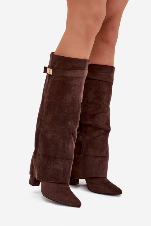 Lange laarzen van faux suede op een blokhak gevoerd chocolade Evyra