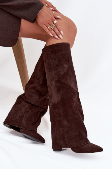 Dames lange laarzen gevoerd met inzetstukken en hakken van faux suede chocolade Elivira