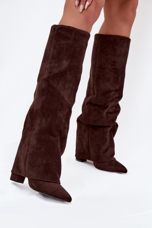 Dames lange laarzen gevoerd met inzetstukken en hakken van faux suede chocolade Elivira