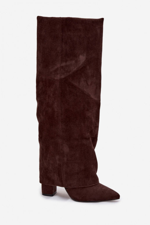 Dames lange laarzen gevoerd met inzetstukken en hakken van faux suede chocolade Elivira