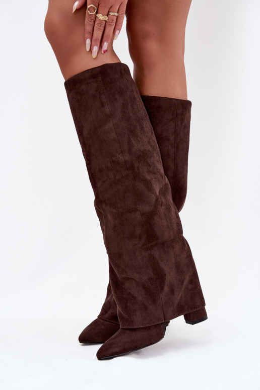 Dames lange laarzen gevoerd met inzetstukken en hakken van faux suede chocolade Elivira