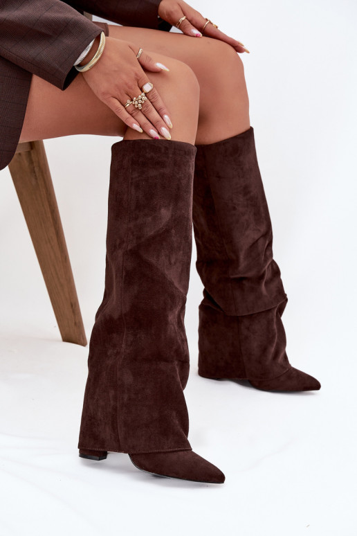 Dames lange laarzen gevoerd met inzetstukken en hakken van faux suede chocolade Elivira