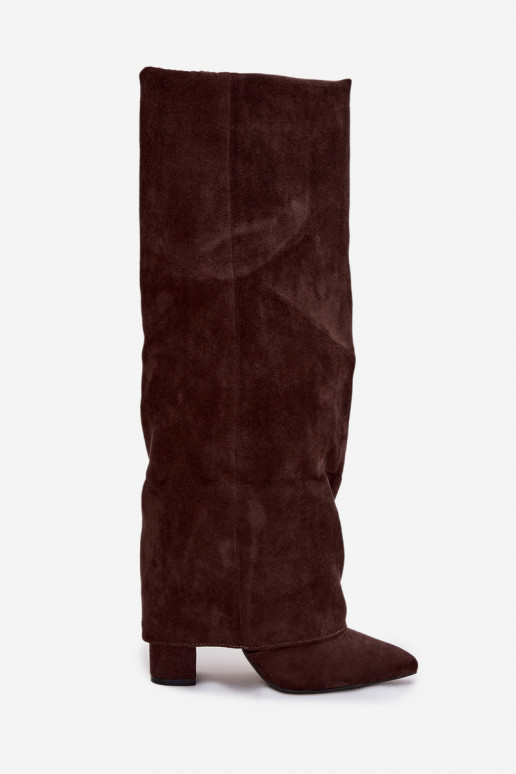 Dames lange laarzen gevoerd met inzetstukken en hakken van faux suede chocolade Elivira