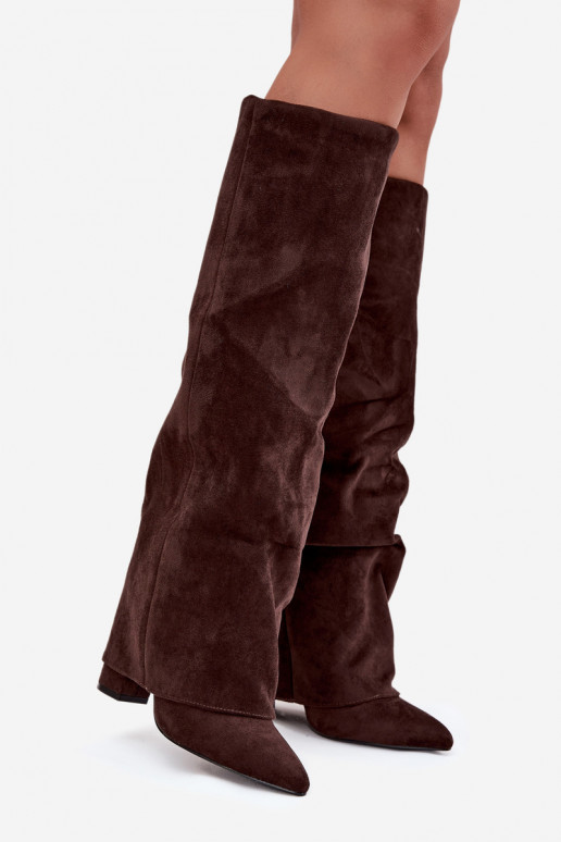 Dames lange laarzen gevoerd met inzetstukken en hakken van faux suede chocolade Elivira