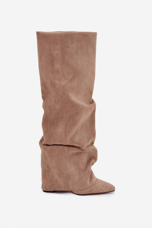 Dames lange laarzen gevoerd met inzetstukken en hakken van faux suede zand Elivira