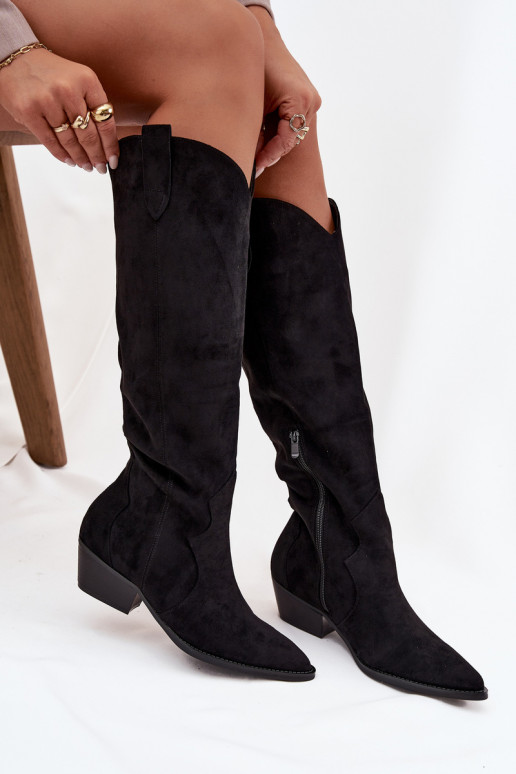 Lange laarzen van faux suede in cowboystijl met hakken zwart Jenaya