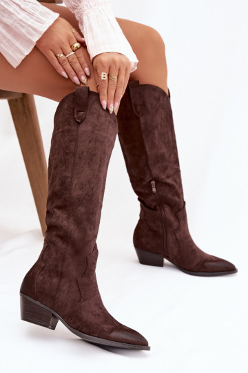 Lange laarzen van faux suede in cowboystijl met hakken chocolade Jenaya