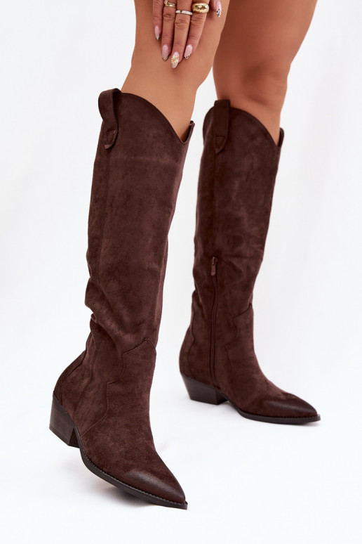 Lange laarzen van faux suede in cowboystijl met hakken chocolade Jenaya