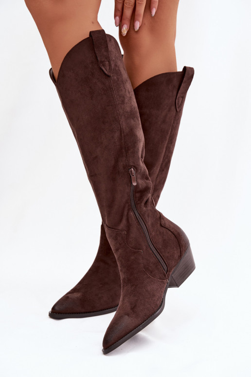 Lange laarzen van faux suede in cowboystijl met hakken chocolade Jenaya