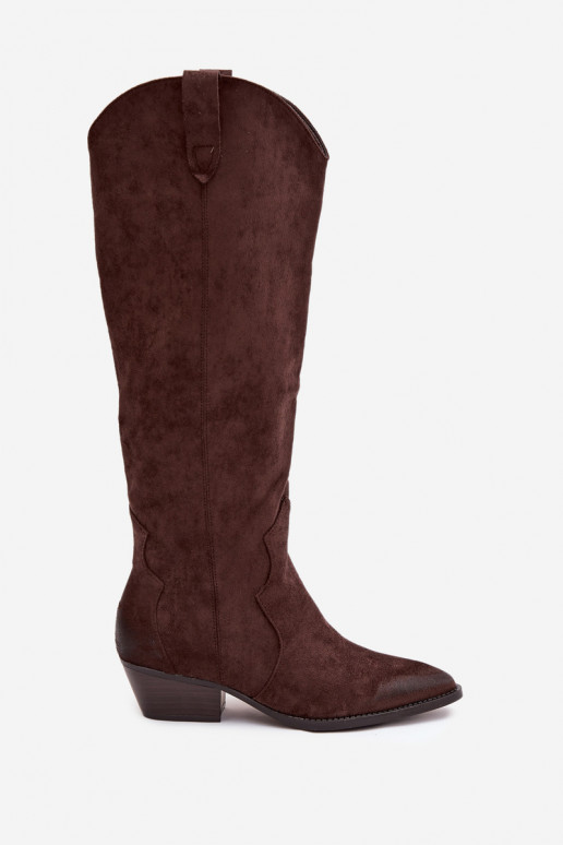 Lange laarzen van faux suede in cowboystijl met hakken chocolade Jenaya