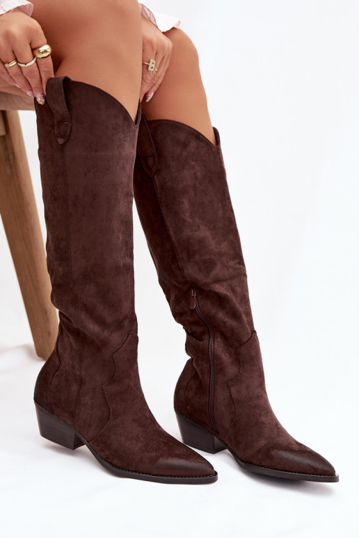 Lange laarzen van faux suede in cowboystijl met hakken chocolade Jenaya