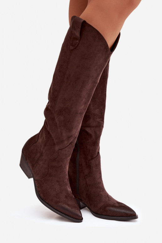 Lange laarzen van faux suede in cowboystijl met hakken chocolade Jenaya