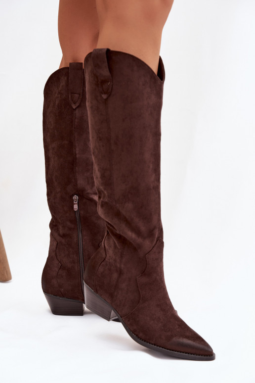 Lange laarzen van faux suede in cowboystijl met hakken chocolade Jenaya