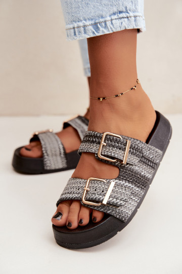 Gouden dames slippers met gespen en platform in zwart Meretta