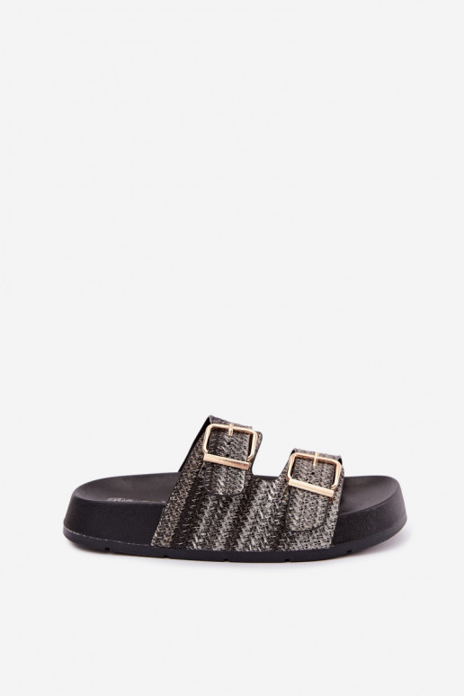 Gouden dames slippers met gespen en platform in zwart Meretta