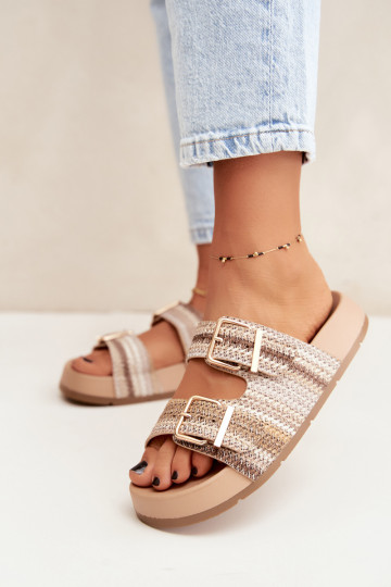 Gouden dames slippers met gespen en platform in zand en bruin Meretta 2