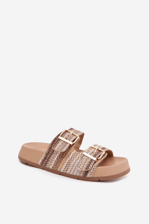 Gouden dames slippers met gespen en platform in zand en bruin Meretta
