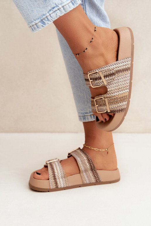 Gouden dames slippers met gespen en platform in zand en bruin Meretta