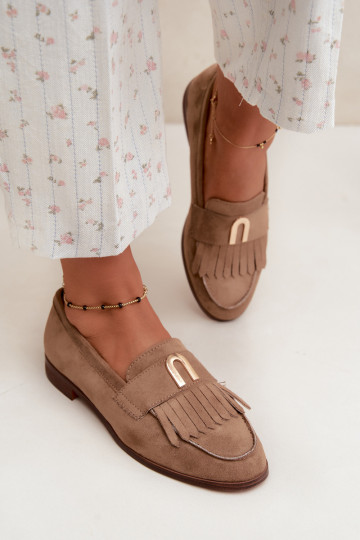 Zandkleurige dames mocassins met franjes en gouden details Brenis 2