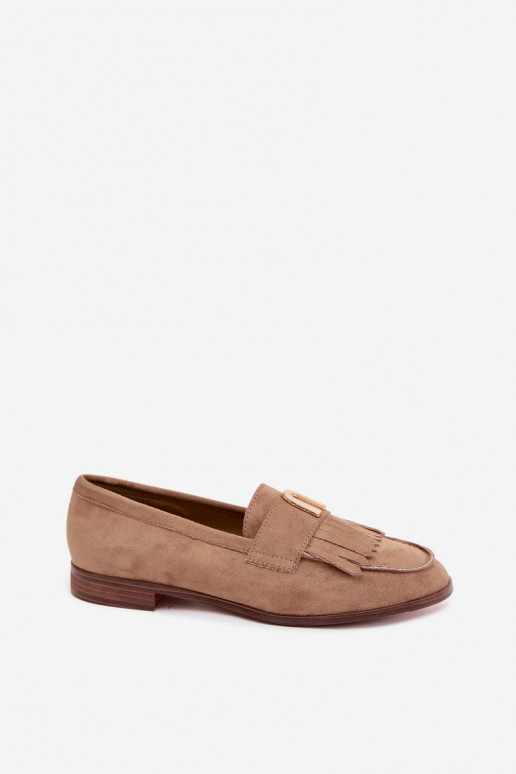 Zandkleurige dames mocassins met franjes en gouden details Brenis