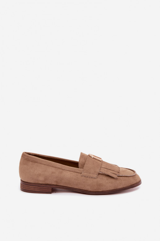 Zandkleurige dames mocassins met franjes en gouden details Brenis