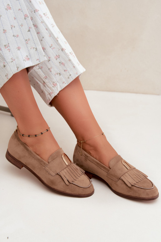Zandkleurige dames mocassins met franjes en gouden details Brenis