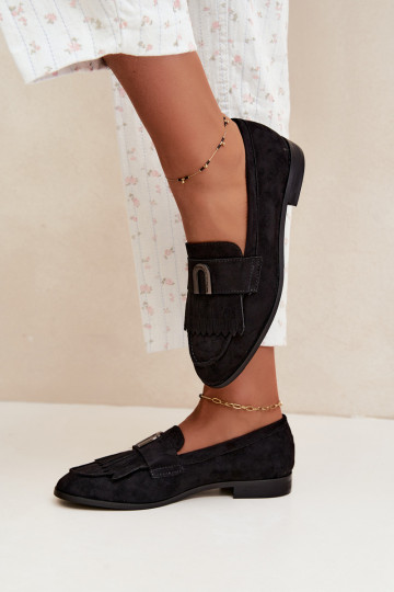 Zwarte dames mocassins met franjes en gouden details Brenis