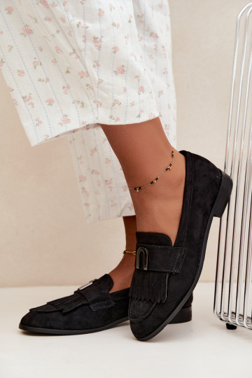 Zwarte dames mocassins met franjes en gouden details Brenis 2