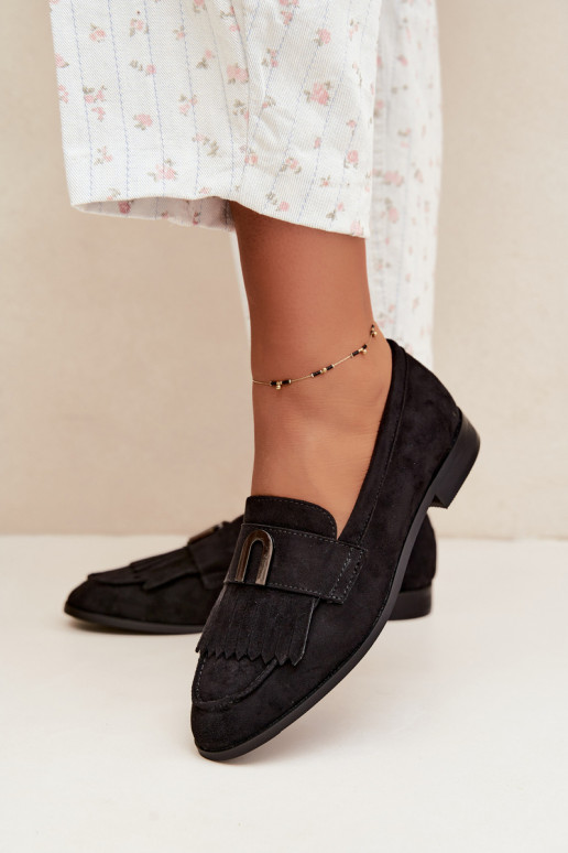 Zwarte dames mocassins met franjes en gouden details Brenis