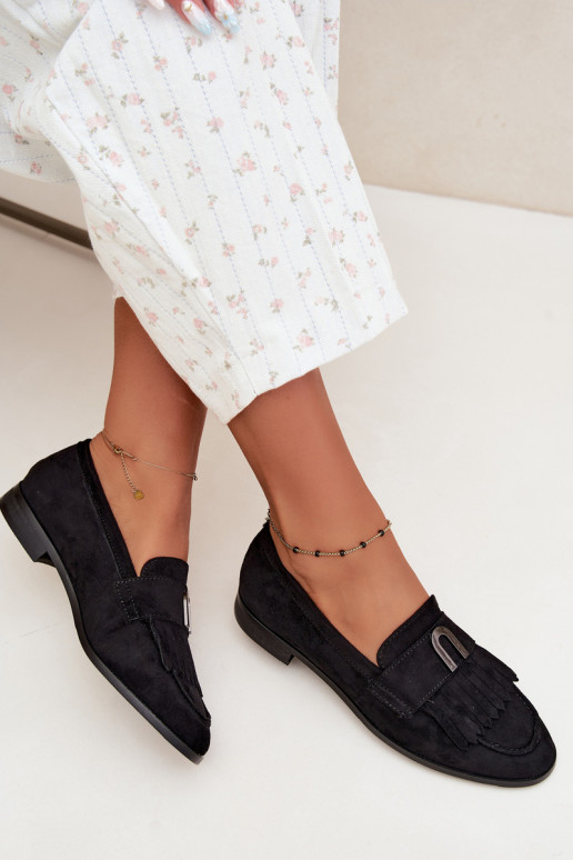 Zwarte dames mocassins met franjes en gouden details Brenis