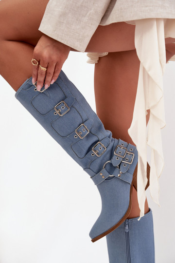 Denim cowboy-stijl laarzen tot boven de knie met hakken en gespen Fivelle