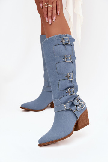 Denim cowboy-stijl laarzen tot boven de knie met hakken en gespen Fivelle 2