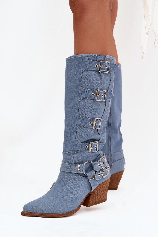Denim cowboy-stijl laarzen tot boven de knie met hakken en gespen Fivelle