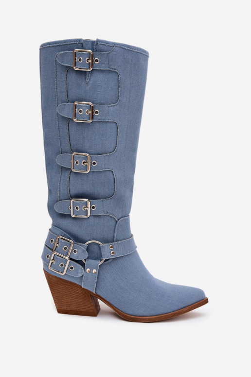 Denim cowboy-stijl laarzen tot boven de knie met hakken en gespen Fivelle