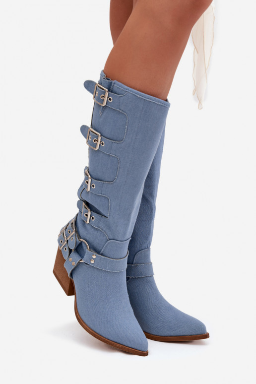 Denim cowboy-stijl laarzen tot boven de knie met hakken en gespen Fivelle