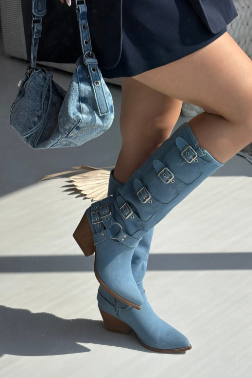 Denim cowboy-stijl laarzen tot boven de knie met hakken en gespen Fivelle