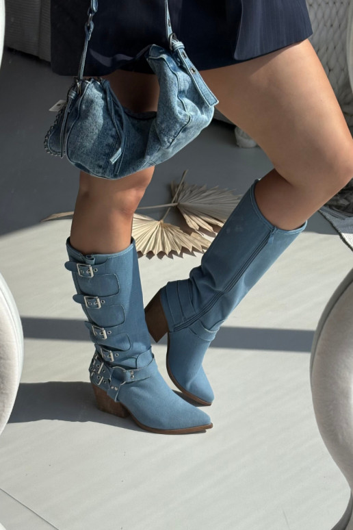 Denim cowboy-stijl laarzen tot boven de knie met hakken en gespen Fivelle