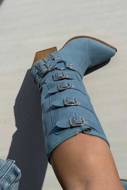 Denim cowboy-stijl laarzen tot boven de knie met hakken en gespen Fivelle