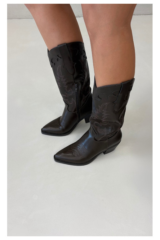 Kniehoge cowboylaarzen met hakken in chocolade faux leather Jarissa