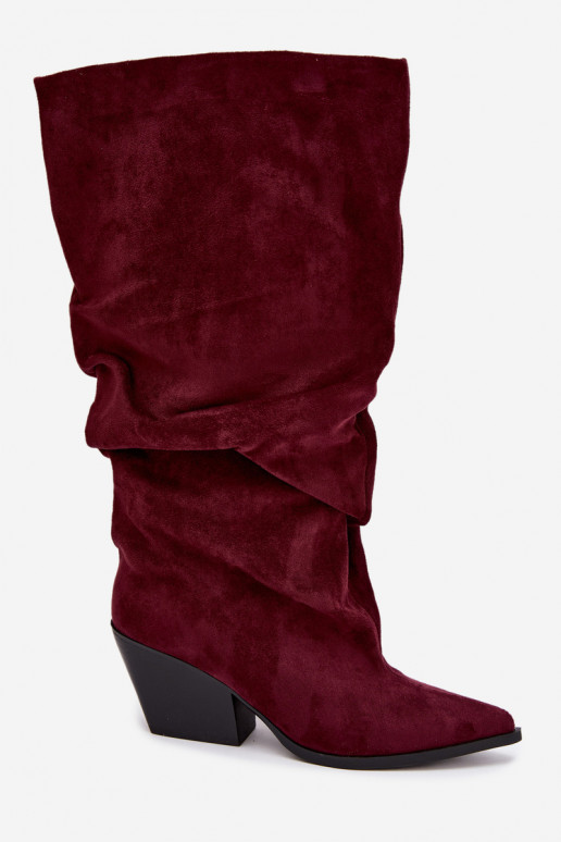 Dames laarzen tot boven de knie met gebogen bovenkant en hakken van suede in bordeaux kleur Durela