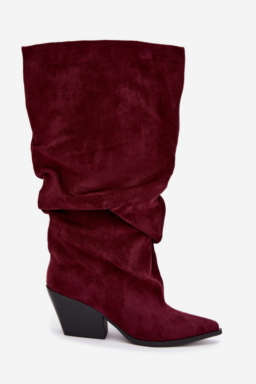 Dames laarzen tot boven de knie met gebogen bovenkant en hakken van suede in bordeaux kleur Durela