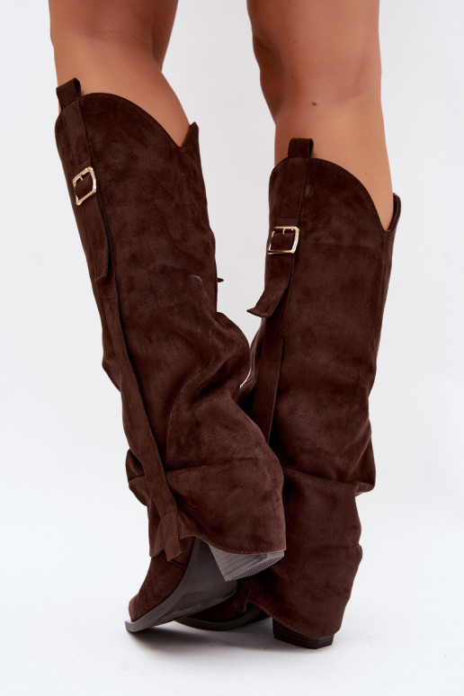 Dames laarzen tot boven de knie met hakken, rimpels en gespen in chocolade kleur Caster