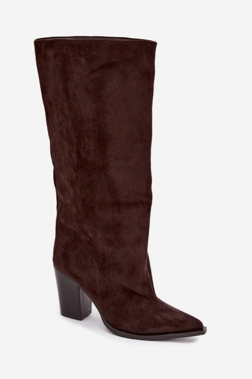 Dames kniehoge instaplaarzen met hakken in faux suede chocoladekleur Carmina